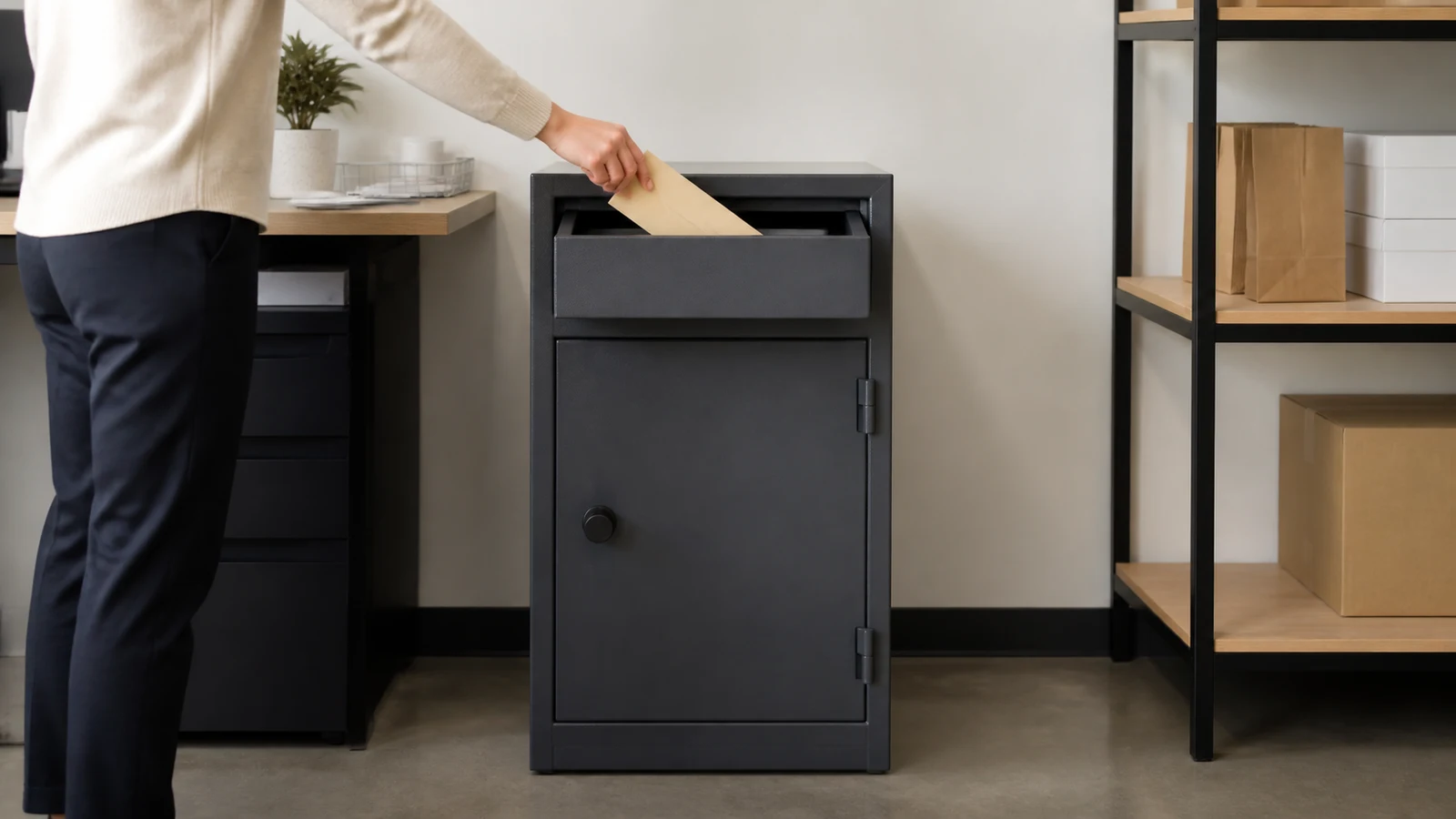 Medewerker deponeert een gesloten envelop in een afstortkluis