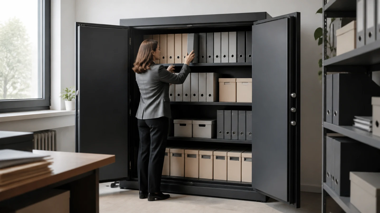 Brandwerende archiefkast met ordners en dossiers