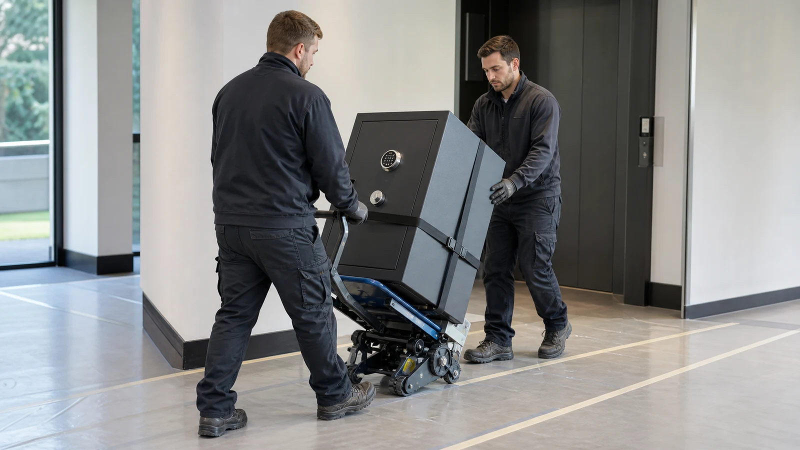 Professionals verplaatsen een zware kluis met geschikt hulpmateriaal