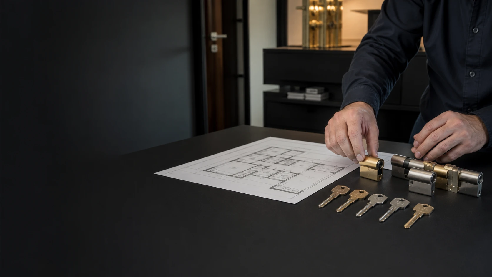 Vakman ordent cilinders en sleutels voor een mechanisch sluitplan