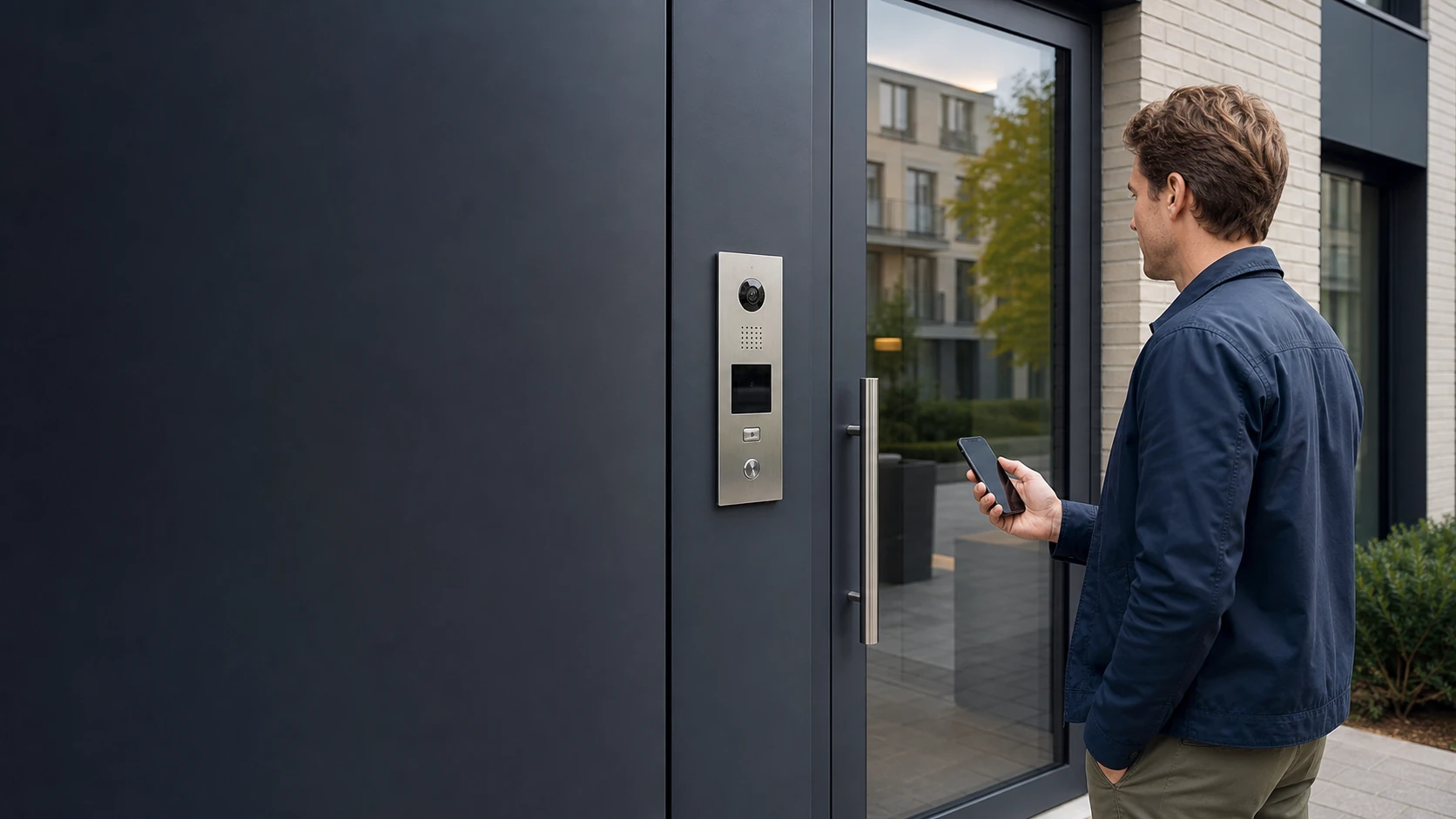 Bewoner gebruikt toegangscontrole bij de ingang van een appartementsgebouw